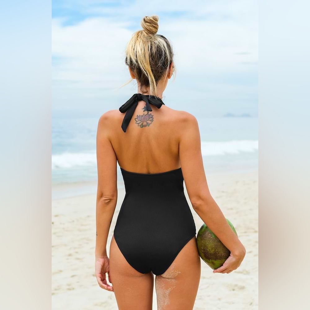 Cupshe Plunge Halter Wrap Front One Piece Swimsuit - Picture 3 of 4